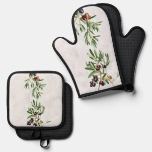 Ensemble De Gant De Cuisine Et De Manique L'île méditerranéenne grecque Feuille d'olive