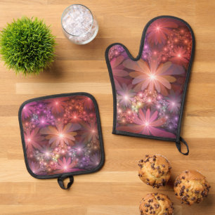 Ensemble De Gant De Cuisine Et De Manique Lit De Fleurs Coloré brillant Abstrait Fractage Ar