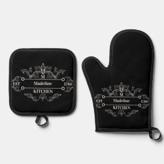 Ensemble De Gant De Cuisine Et De Manique Logo initial Vintage noir et blanc