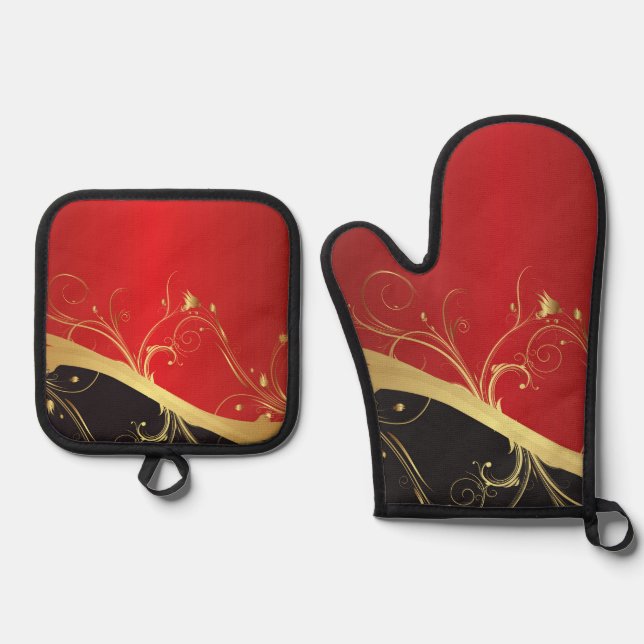 Ensemble De Gant De Cuisine Et De Manique Lucky Red Modern Design (Recto)