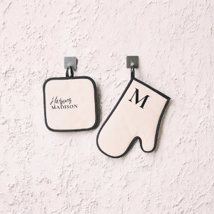 Ensemble De Gant De Cuisine Et De Manique Luxe Monogramme pinceau rose