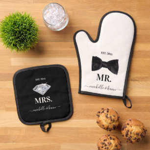 Ensemble De Gant De Cuisine Et De Manique M. & Mme Mariage noir et blanc