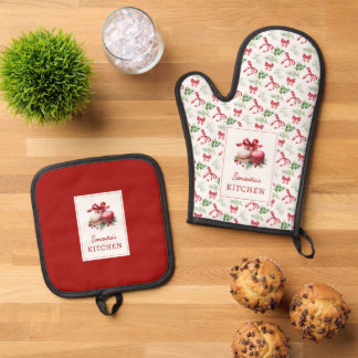 Ensemble De Gant De Cuisine Et De Manique Macarons de Noël Ruban Rouge Motif de Verdure