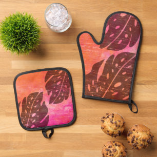 Ensemble De Gant De Cuisine Et De Manique Maikai Hawaiian Monstera Leaf Tie-Dye Fuchsia