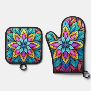 ENSEMBLE DE GANT DE CUISINE ET DE MANIQUE MANDALAS AUX COULEURS CLAIRES