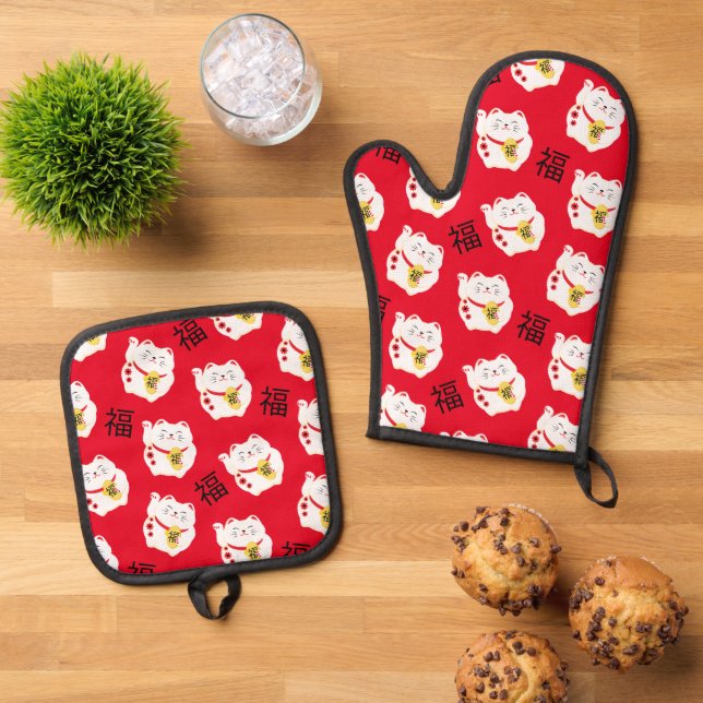 Ensemble De Gant De Cuisine Et De Manique Maneki Neko Cute Lucky Chat en rouge (De haut en bas)