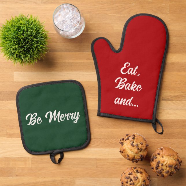 Ensemble De Gant De Cuisine Et De Manique Manger Bake Merry Funny cadeau de Noël Red Green (De haut en bas)