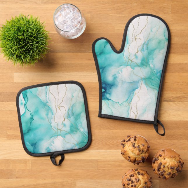 Ensemble De Gant De Cuisine Et De Manique Marbre d'encre Mint Aqua (De haut en bas)