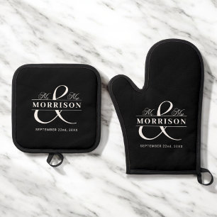 Ensemble De Gant De Cuisine Et De Manique Mariage M. Mme Black Monogram
