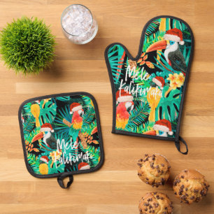 Ensemble De Gant De Cuisine Et De Manique Mele Kalikimaka Oiseaux de la jungle tropicale