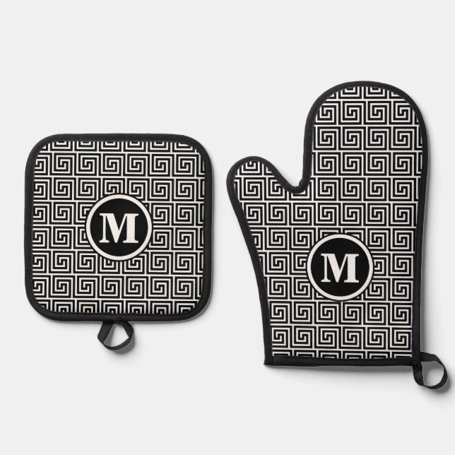 Ensemble De Gant De Cuisine Et De Manique Mens Monogramme Clé grecque noire Meander Motif (Recto)