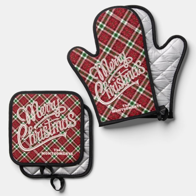 Ensemble De Gant De Cuisine Et De Manique Merry Christmas Sparkly Plaid (Recto/Verso)