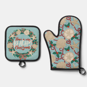 Ensemble De Gant De Cuisine Et De Manique Merveilles Côtière Tropical Sea Shell Wreath -Aqua