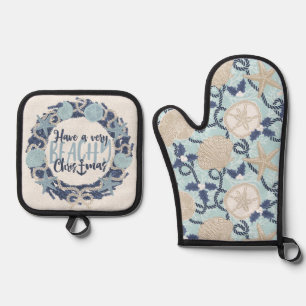 Ensemble De Gant De Cuisine Et De Manique Merveilles Côtière Tropical Sea Shell Wreath -Bleu