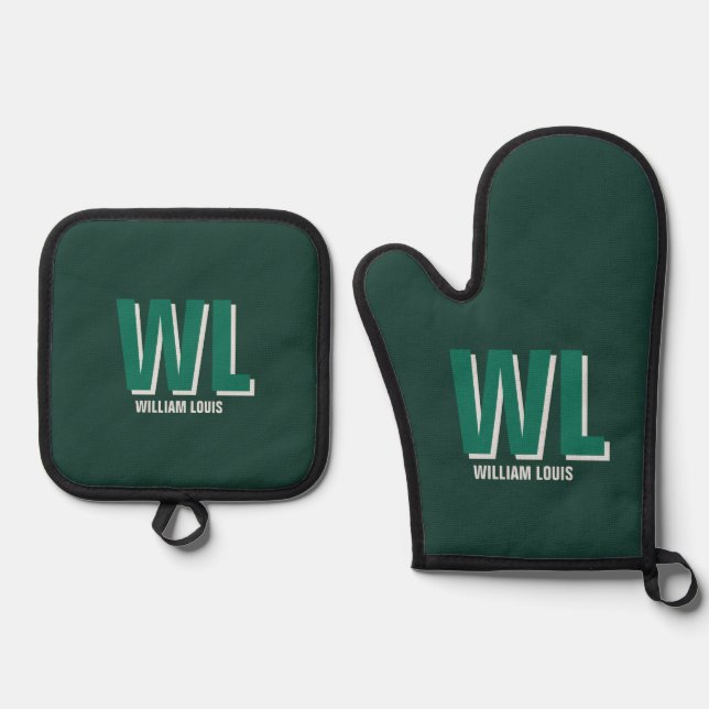 Ensemble De Gant De Cuisine Et De Manique Minimalist Emerald Green Personalized Monogram  (Recto)
