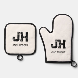 ENSEMBLE DE GANT DE CUISINE ET DE MANIQUE MINIMALISTE NOIR MONOGRAMME À DEUX LETTRES NOM BLA