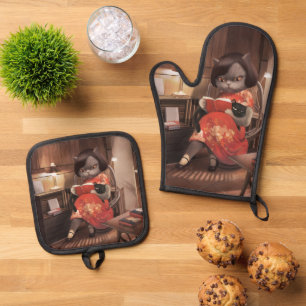 Ensemble De Gant De Cuisine Et De Manique Miss Meow - Heure Vintage de lecture de chats
