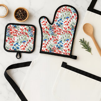 Ensemble De Gant De Cuisine Et De Manique Mitaines de four à motif de fleurs sauvages aquare