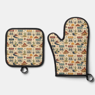 Ensemble De Gant De Cuisine Et De Manique Mitten de four rétro route 66 Décor de cuisine