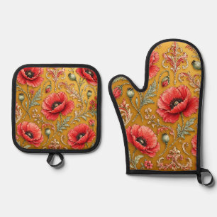 Ensemble De Gant De Cuisine Et De Manique Modèle fleur de pavot doré