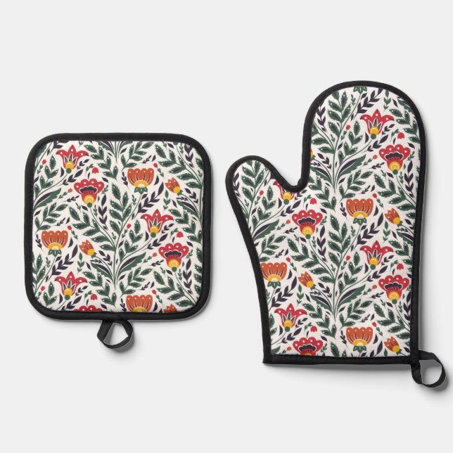 Ensemble De Gant De Cuisine Et De Manique Modèle floral art populaire (Recto)