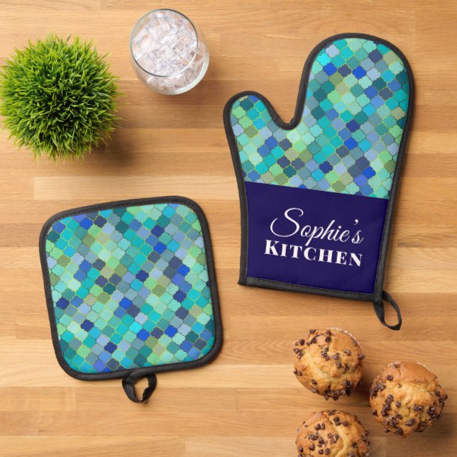 Ensemble De Gant De Cuisine Et De Manique Modern Blue Geometric Personalized (De haut en bas)