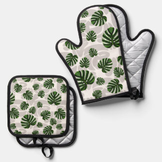 Ensemble De Gant De Cuisine Et De Manique Modern Boho Botanical Leaves Pattern