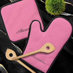 Ensemble De Gant De Cuisine Et De Manique Moderne Solide couleur plaine Bubblegum rose noir