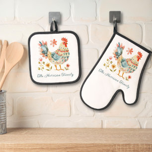Ensemble De Gant De Cuisine Et De Manique Monogramme de famille d'aquarelles de pays