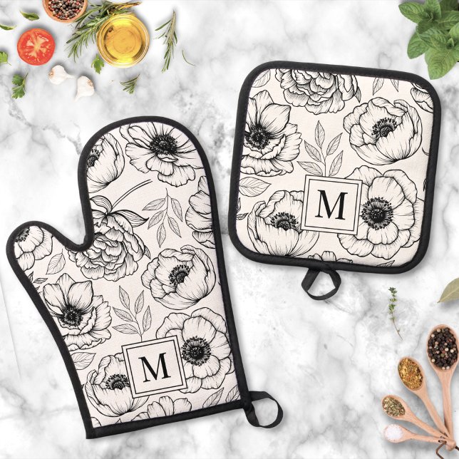 Ensemble De Gant De Cuisine Et De Manique Monogramme Floral Élégant Noir et Blanc (Elegant Black White Floral Monogram Oven Mitt & Pot Holder Set)
