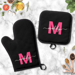 Ensemble De Gant De Cuisine Et De Manique Monogramme noir rose vif