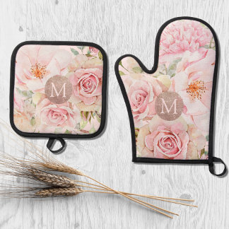Ensemble De Gant De Cuisine Et De Manique Monogramme Rose or bleu rose Aquarelle Florale