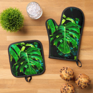 Ensemble De Gant De Cuisine Et De Manique Monstera Tropicale Glow – Photographie de Feuille 