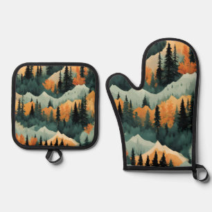 Ensemble De Gant De Cuisine Et De Manique Montagnes Et Arbres Vert Et Orange