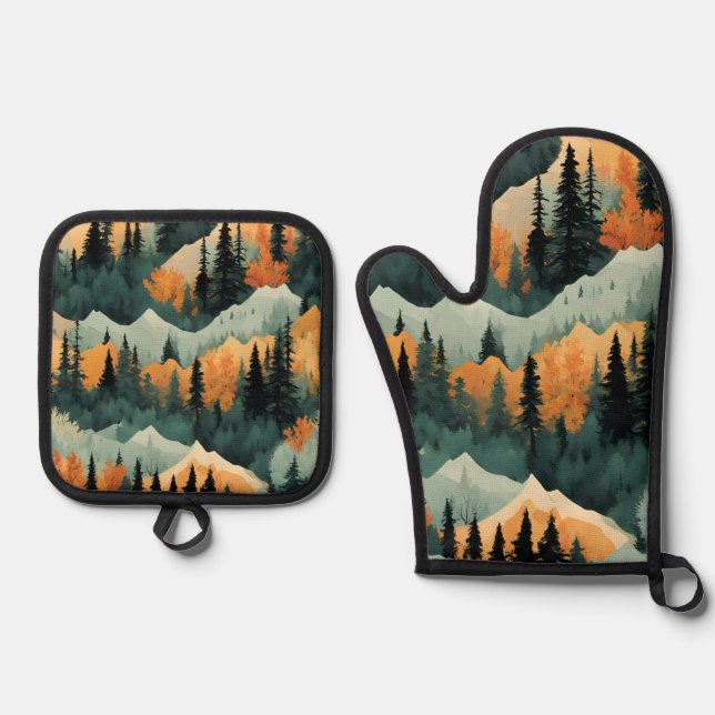 Ensemble De Gant De Cuisine Et De Manique Montagnes Et Arbres Vert Et Orange (Recto)