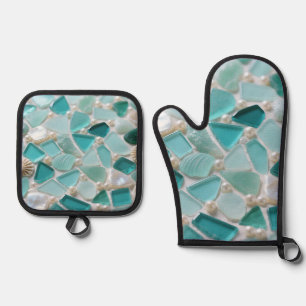 Ensemble De Gant De Cuisine Et De Manique Mosaïque de verre de mer Turquoise Charme côtier