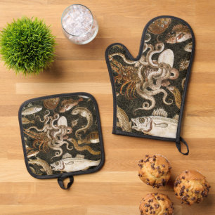Ensemble De Gant De Cuisine Et De Manique Mosaïque romaine antique Pompéi Sea Life Mosaïque