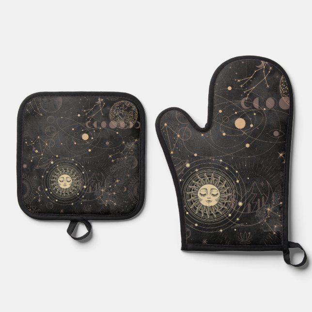 Ensemble De Gant De Cuisine Et De Manique Motif Astrologique Black Gold (Recto)