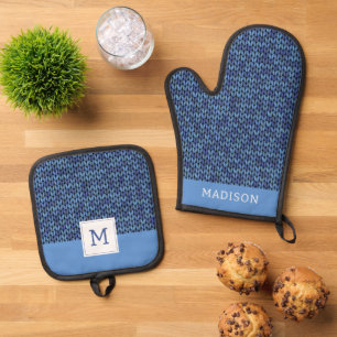 Ensemble De Gant De Cuisine Et De Manique Motif bleu Knit