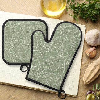 Ensemble De Gant De Cuisine Et De Manique Motif Branche d'Olivier Vert Sauge