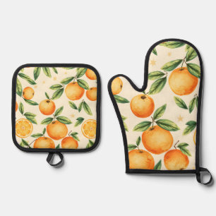 Ensemble De Gant De Cuisine Et De Manique Motif Citron Oranges Aquarelle