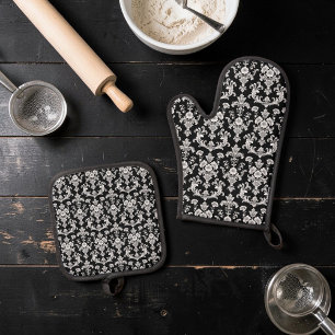 Ensemble De Gant De Cuisine Et De Manique Motif damassé noir et blanc victorien