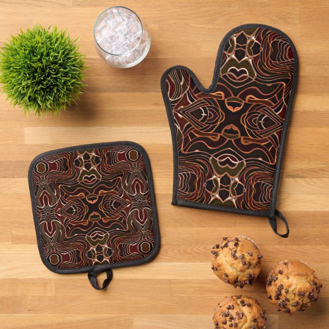 Ensemble De Gant De Cuisine Et De Manique Motif d'art tribal orange noir ivoire en terre cui (De haut en bas)
