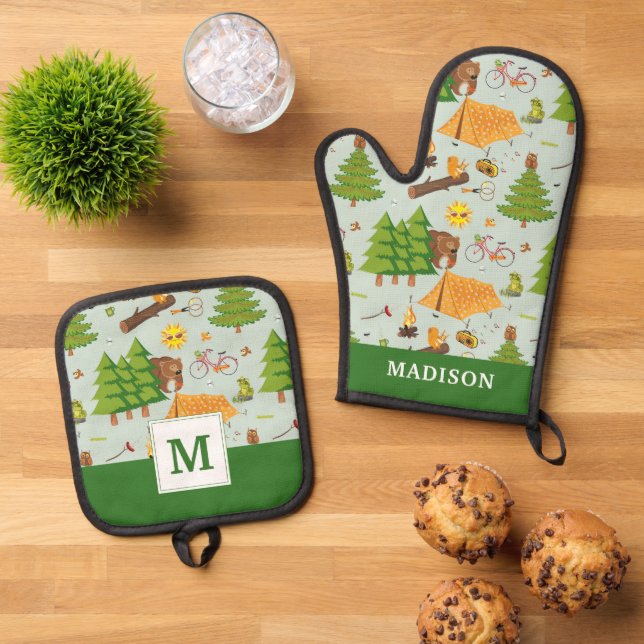 Ensemble De Gant De Cuisine Et De Manique Motif de camping (De haut en bas)