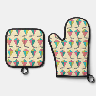 Ensemble De Gant De Cuisine Et De Manique Motif de cerf-volant rétro coloré