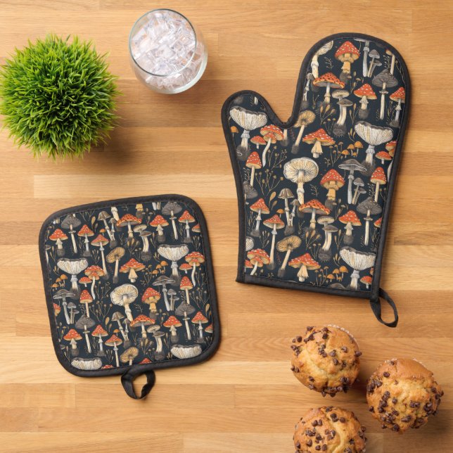 Ensemble De Gant De Cuisine Et De Manique Motif de champignons (De haut en bas)