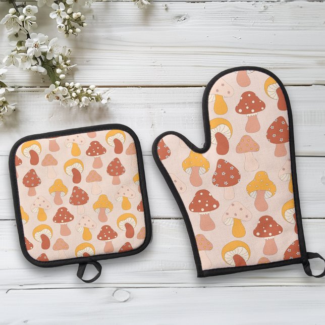 Ensemble De Gant De Cuisine Et De Manique Motif de champignons Retro (Créateur téléchargé)