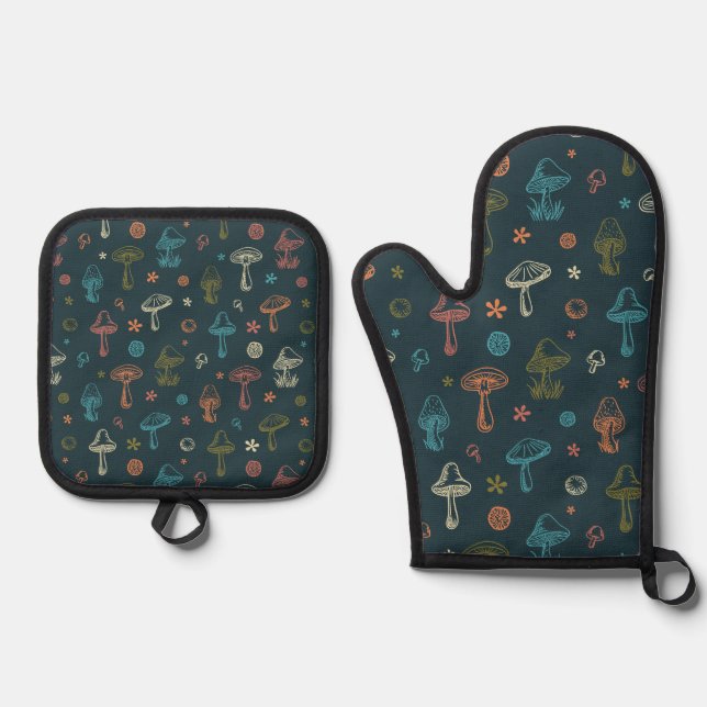 Ensemble De Gant De Cuisine Et De Manique Motif de champignons Whimsical (Recto)