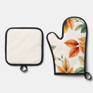 Ensemble De Gant De Cuisine Et De Manique Motif de feuilles décoratif élégant à l'aquarelle