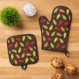 Ensemble De Gant De Cuisine Et De Manique Motif de feuilles, feuilles colorées, feuilles d'a